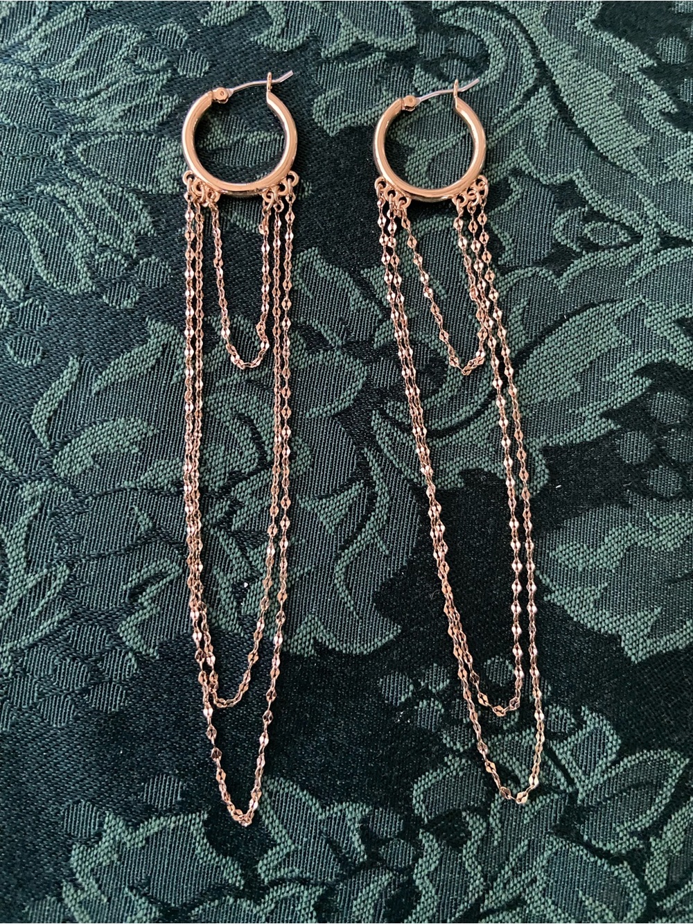 Gold Tone Huggies Hoop Earrings with drops double dangling chains tassels